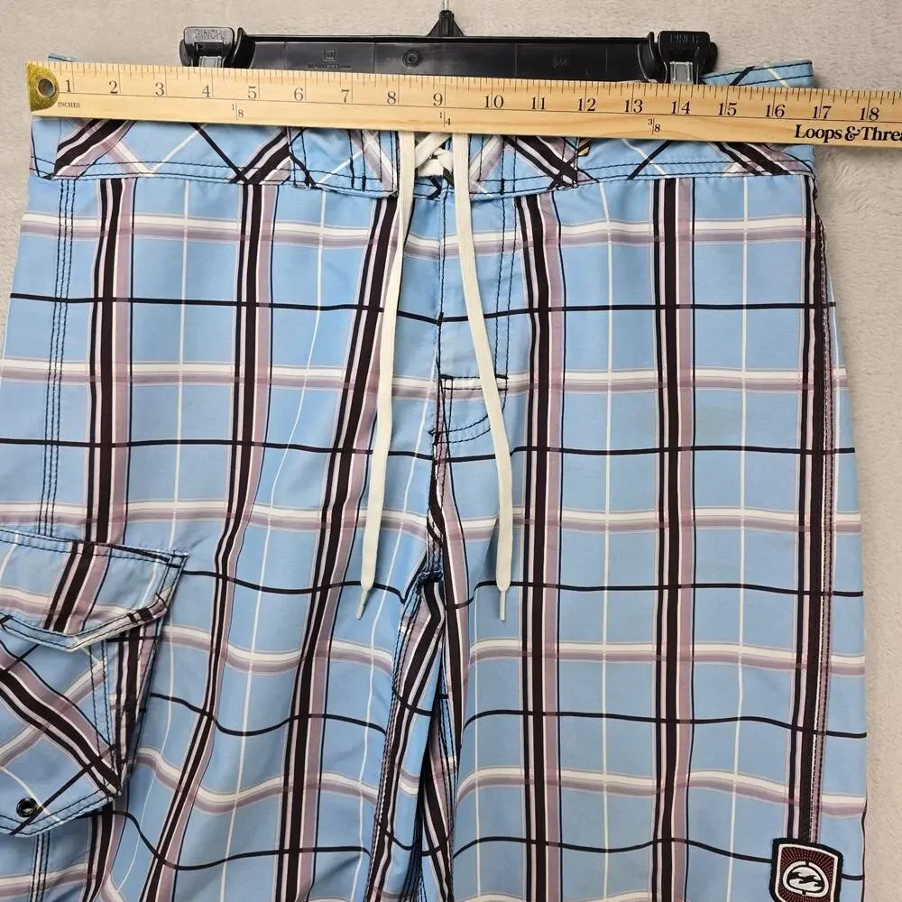 Vintage Billabong Board Shorts Mens 33 (Fits 34) Blue Plaid Skate Surf Swim Y2K